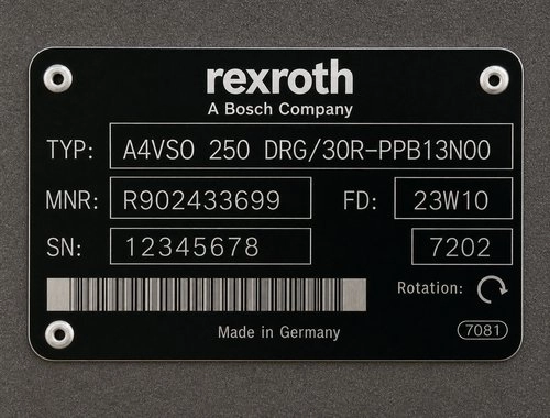 Bosch Rexroth A4VSO hydraulic pump nameplate identifying Typ model code MNR material number SN serial number and FD manufacturing date